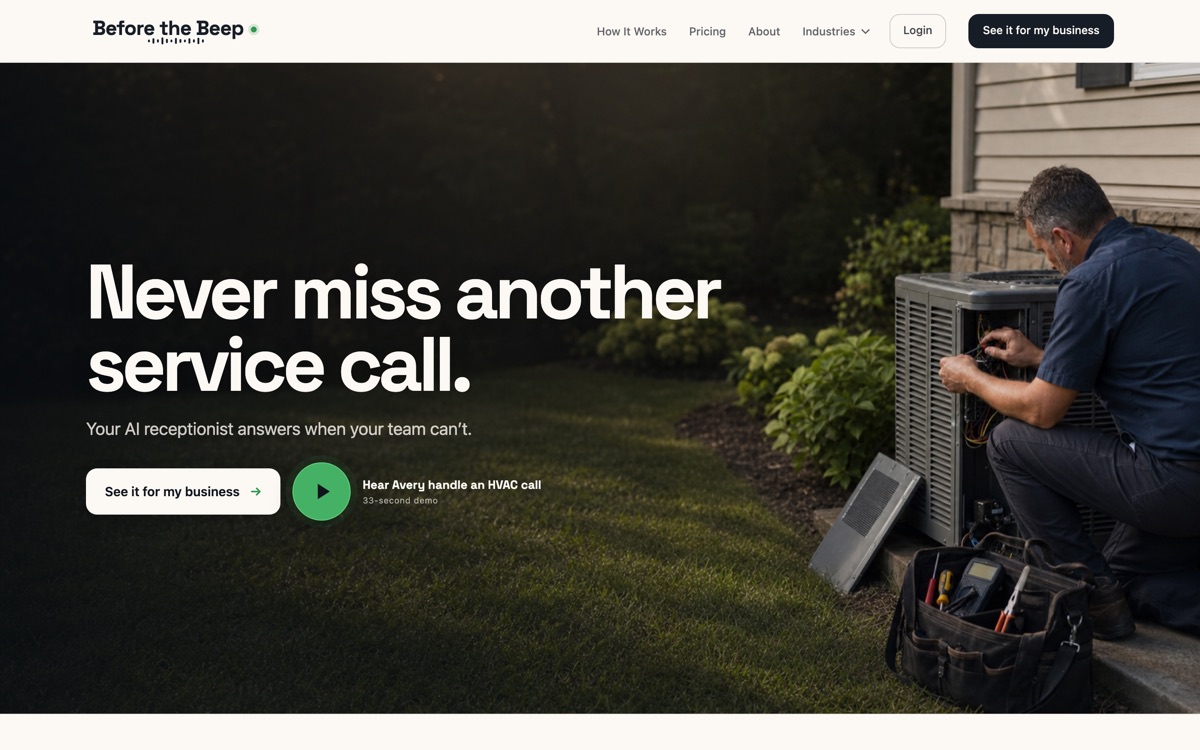 The Before the Beep marketing site, showing its hero and call demo.